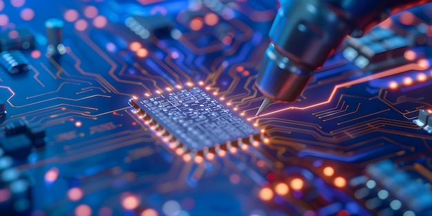 Effektiv Chip Processing Speed Guides Robot Arm i Navigating Complex Circuit Design Concept Robotics Chip Processing Navigation Circuit Design Efficiency