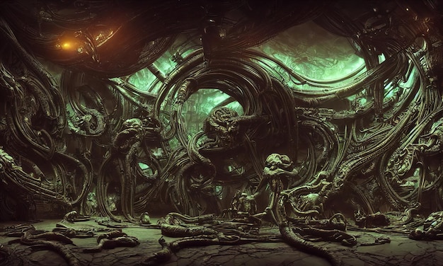 Ekstraterrestriske rumvæsen rumskib xenomorfer af ekstraterrestrisk oprindelse Rumfartøjets indre kontrolpanel lange korridorer 3D-illustration