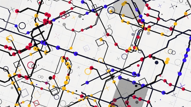 Electric scheme circuit with bright abstract signals flowing into different directions on white