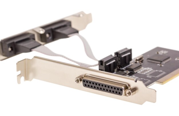 electronic collection computer digital input output port card isolated on white background