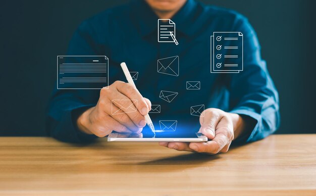 Electronic Document Signing Notification Letter Electronic signatures office document management Businessman signing documents on virtual screen