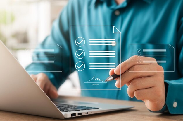 Electronic signature concept business people sign electronic documents on digital documents paperless office future business contract signing