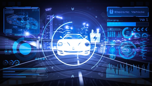 Elektrisk bil virtual reality grafik på vejen i hurtig hastighed EV ladestation