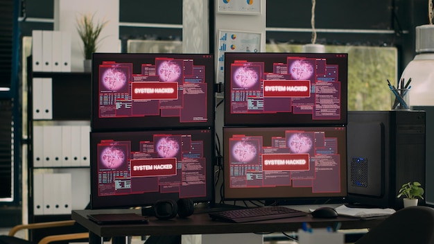 Empty agency office with multiple monitors showing system crash, error message on screens. Computers displaying critical error message flashing and hacking attack alert, malware.