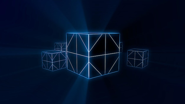 empty cube in the room 3 d rendering abstract cube wireframe hologram with glowing lines and dots