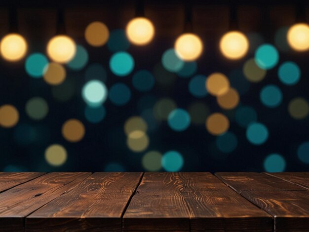 Empty dark wooden table in front of abstract blurred boken background generative AI
