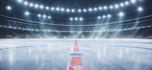 Empty hockey rink illuminated by spotlights Generative AI