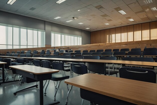 Empty lecture hall with rows of desks and a large whi