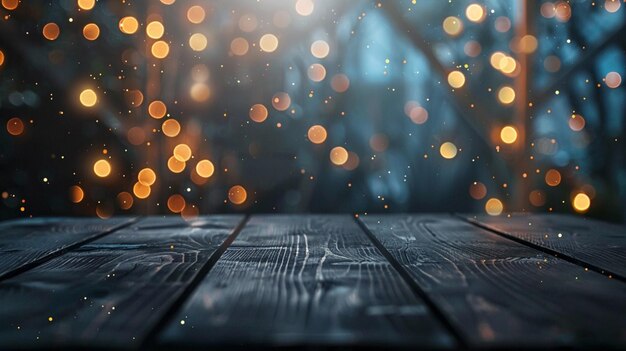 Empty of dark wooden table in front of abstract blur