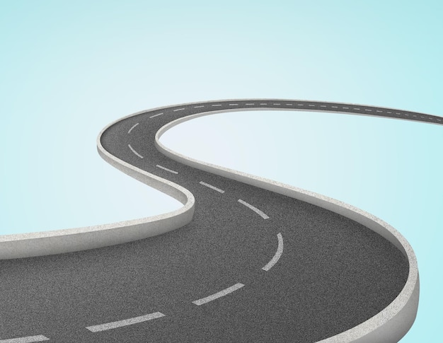 Empty road with lines and barriers 3d illustration bending road travel and holidays advertising des