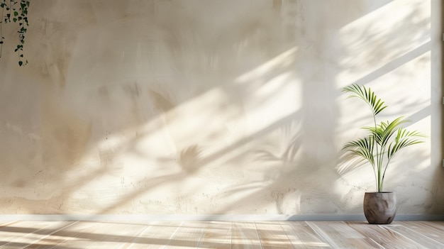 Empty room with sunlight casting shadows on wall potted plant in corner