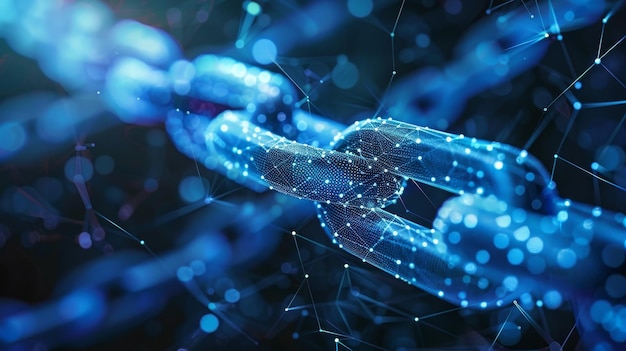 En digital konceptbild av glödande blockchain-länkar som representerar anslutningssäkerhet och teknologi