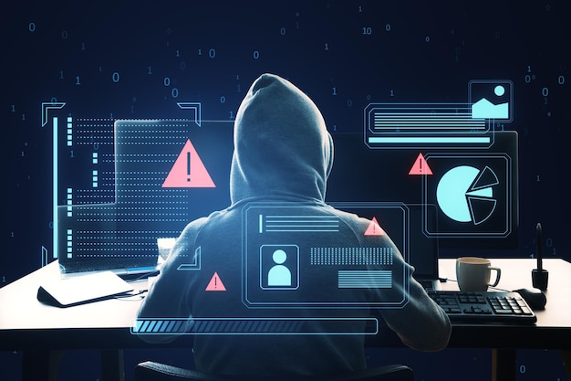 En hackare med en huva framför en dator, digitala grafer och säkerhetsvarningsskyltar, mörkblå bakgrund, koncept för cybersäkerhet