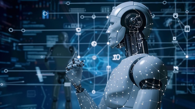 En robot med ordet robot på ryggen