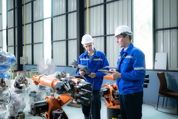 Engineer and technician working with robot arm in factory Industry and engineering concept