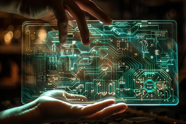 Engineer holding a futuristic glass circuit board with glowing connections