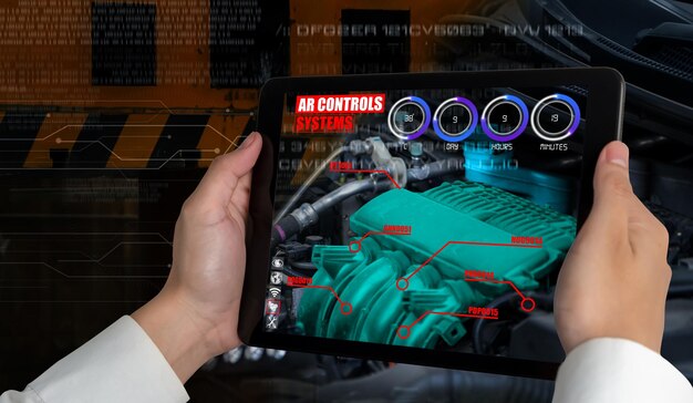 Engineer use augmented reality software to monitor parts of car vehicle