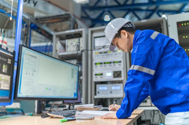 Engineer working at control room In large industrial plantsManager control systemTechnician man monitoring program from a lot of monitorConcept Industry