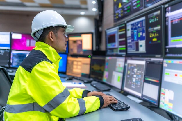 Engineer working at control roomManager control systemTechnician man monitoring program from a lot of monitor