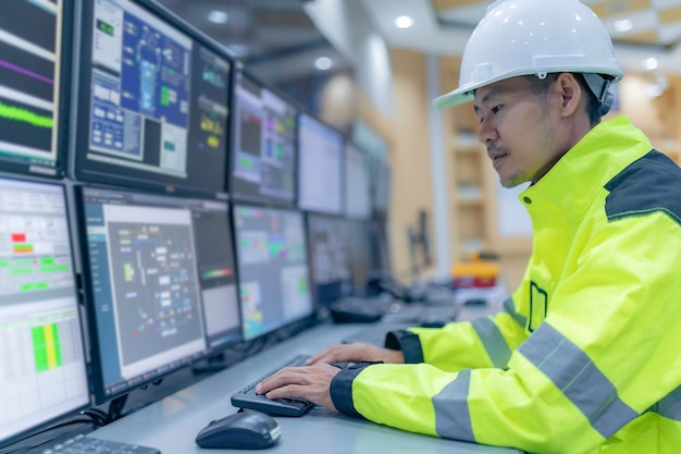 Engineer working at control roomManager control systemTechnician man monitoring program from a lot of monitor