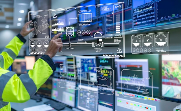 engineer working at control roommanager control systemtechnician man monitoring program from a lot of monitor