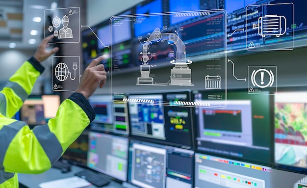 engineer working at control roommanager control systemtechnician man monitoring program from a lot of monitor