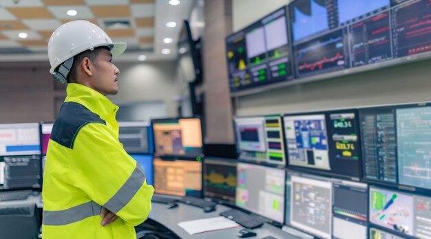 Engineer working at control roomManager control systemTechnician man monitoring program from a lot of monitor