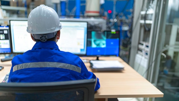 Engineer working at control roomManager control systemTechnician man monitoring program from a lot of monitor