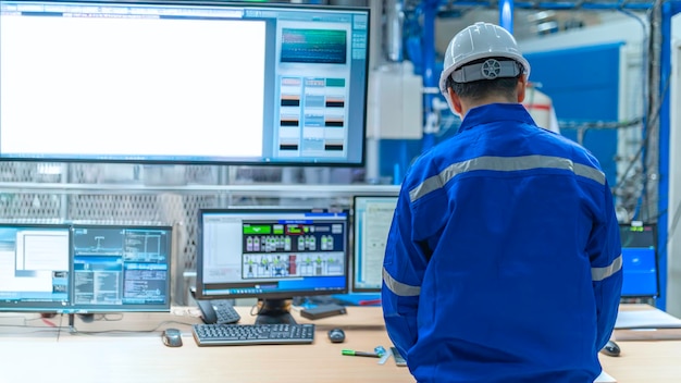 Engineer working at control roomManager control systemTechnician man monitoring program from a lot of monitor