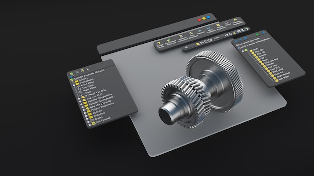 engineering designer designs 3d cad software model. digital production computer screen 3d rendering.
