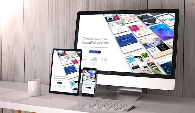 enheder på skrivebordet, website builder på skærmen. 3d gengivelse.