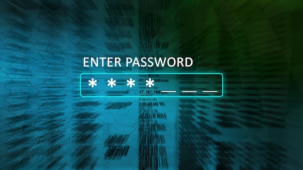 Enter your password concept screen with a password box and asterisks. Abstract blurred background blue with green.