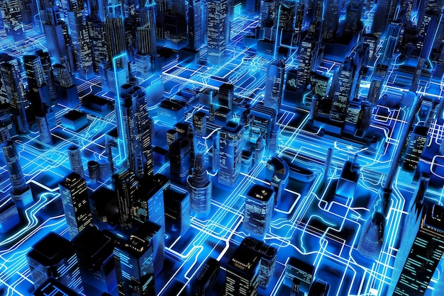 Envision a digitally generated cityscape bathed in a serene blue tone capturing the essence of a bus