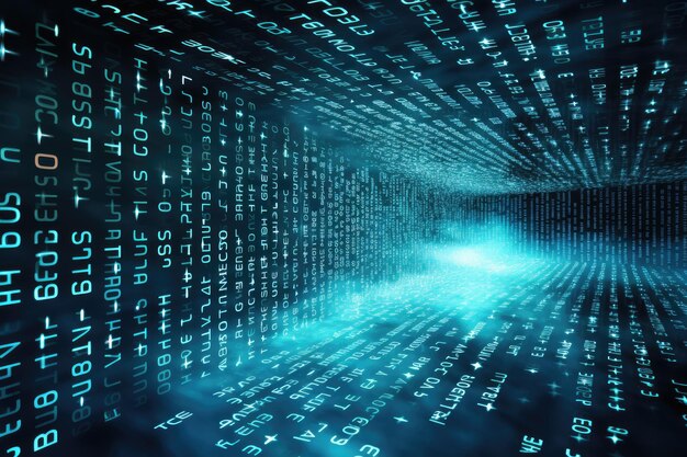 Et fascinerende fotografi fanger mørket i en tunnel opslugt af et overvældende udvalg af tal. Terabytes af binær kodedata flyver i en informationsstrøm AI-genereret