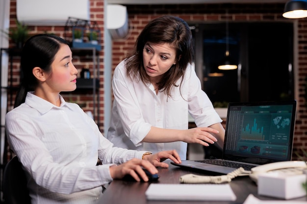 Executive board members reviewing wrongly issued accounting data on laptop screen. Multiracial marketing company employees in office workspace analyzing financial charts and graphs.