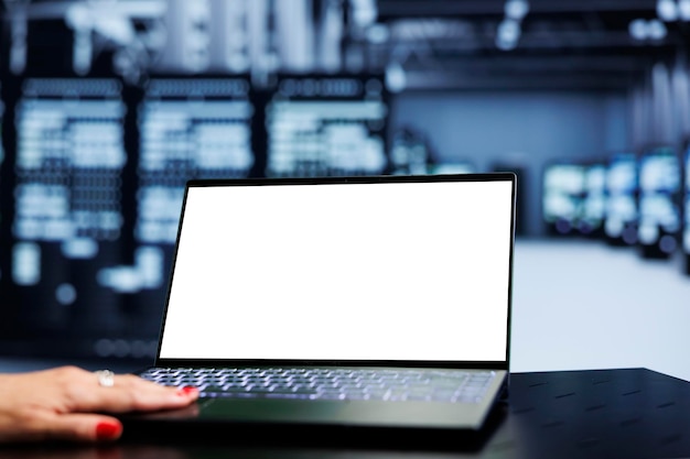 Expert using laptop in data center