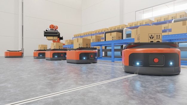 factory automation with agv and robotic arm in transportationto increase transport more with safety. 