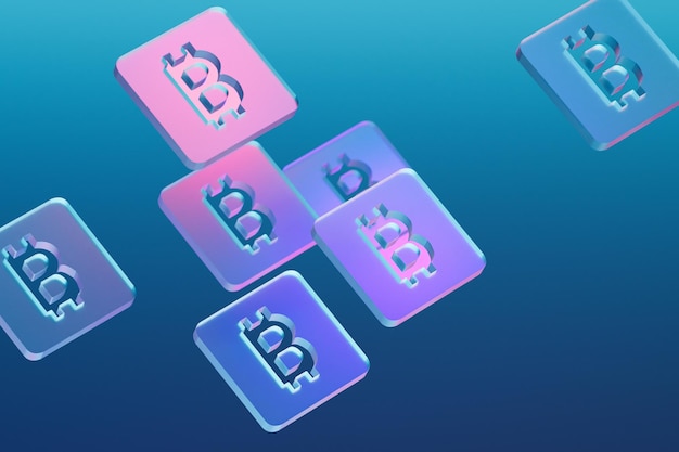 falling glass bitcoins icons with blue and pink light 3d render