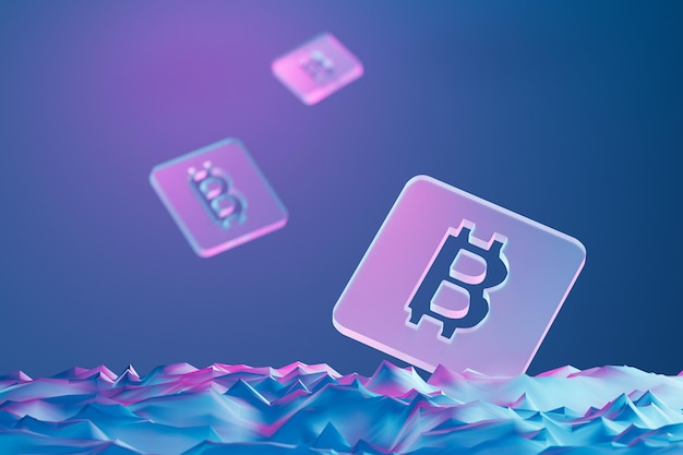 falling glass bitcoins icons with blue and pink light 3d render