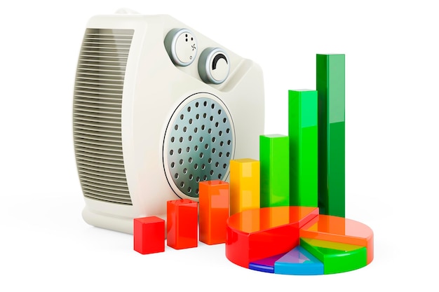 fan heater with growth bar graph and pie chart 3d rendering