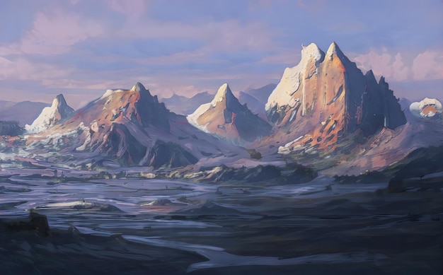 fantastic epic magical landscape of mountains  summer nature. mystic valley  tundra hills