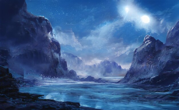 fantastic winter epic landscape of mountains frozen nature mystic valley gaming rpg background