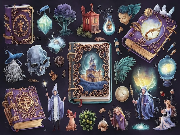 Fantasy bog Clipart Aquarelle Åben magisk bogpakke
