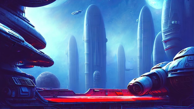 fantasy city spaceship base legendary spaceship on a planet in space neon lights illuminate the city of the future science fiction 3d illustration