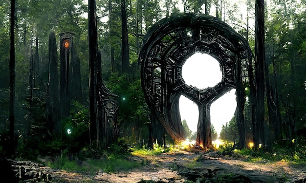 Fantasy Magical fairytale portal in the forest Round stone portal teleport in trees to other worlds Fantastic landscape Magic Altar in the forest