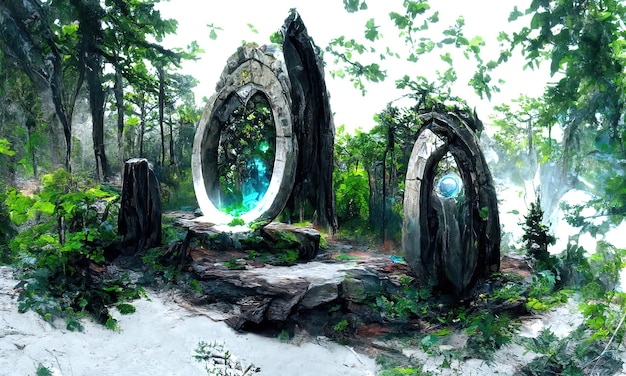 Fantasy Magical stone fairytale portal gate in the forest Round stone portal teleport in trees to other worlds Fantastic landscape Magic Altar in the forest 3d illustration
