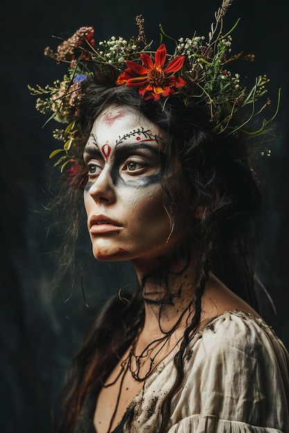 Fantasy portrait of young woman with creative make up and floral wreath