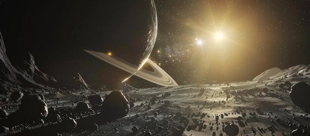 Fantasy spaceship traveling other galaxies with asteroid rings around a planet AI generated image
