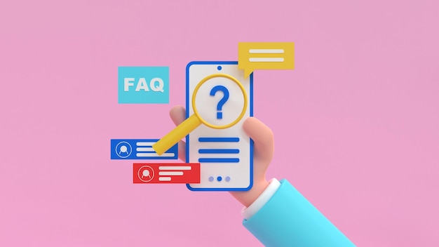 Faq og online kundesupport. Hånd med telefon. 3d render illustration