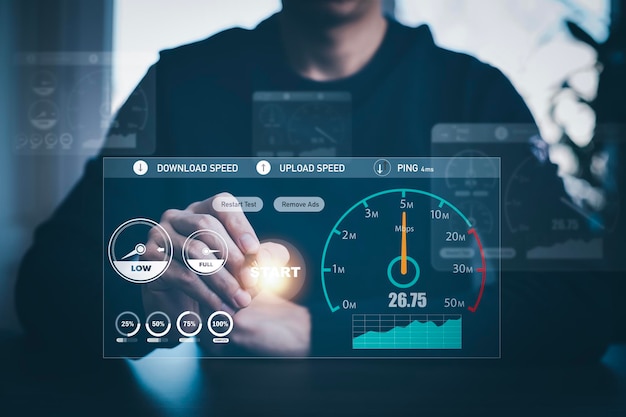 Fast internet connection with Metaverse technology concept Hand holding smartphone and Virtual screen of Internet speed measurementInternet and technology concept 6G Hi speed internet concept